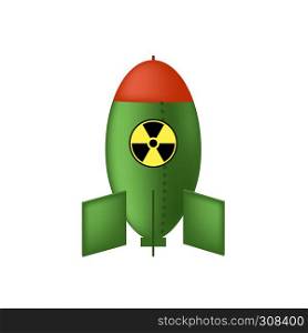 Green Atomic Bomb with Radiation Sign Isolated on White Background. Nuclear Rocket.. Atomic Bomb with Radiation Sign. Nuclear Rocket.