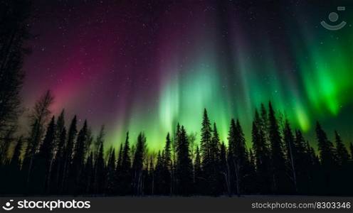green aurora borealis in northern light forests trees and sky landscape generative ai.