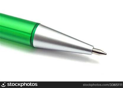 Green Ball Point Pen closeup On White background
