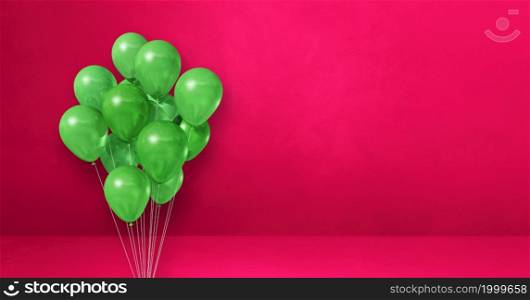 Green balloons bunch on a pink wall background. Horizontal banner. 3D illustration render. Green balloons bunch on a pink wall background. Horizontal banner.
