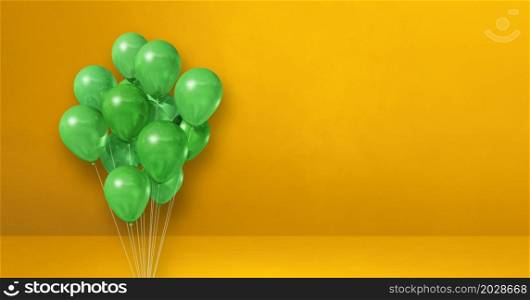 Green balloons bunch on a yellow wall background. Horizontal banner. 3D illustration render. Green balloons bunch on a yellow wall background. Horizontal banner.