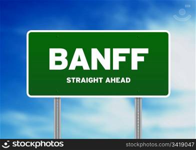 Green Banff road sign on Cloud Background.
