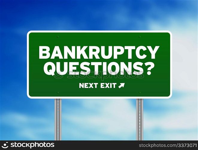 Green Bankruptcy Questions Road highway sign on Cloud Background.