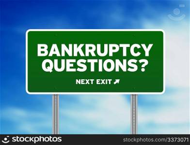 Green Bankruptcy Questions Road highway sign on Cloud Background.