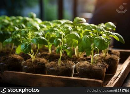 Green basil growing in raised beds in garden. Generative AI