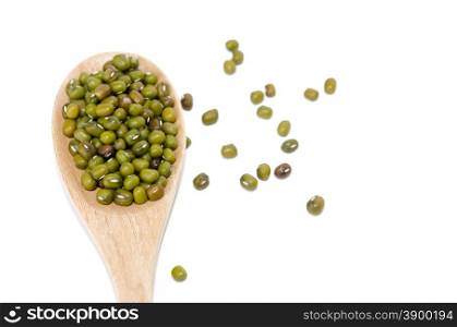 Green beans and wooden spoon isolated on the white