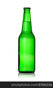 Green beer bottle isolated on white. Soft reflection.