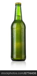 green beer bottle with drops isolated on white background