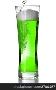 Green Beer mug isolated on white. Pouring green beer in it.