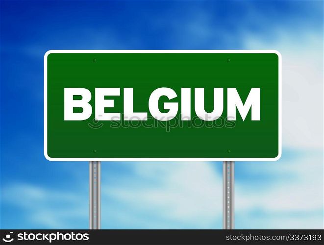 Green Belgium highway sign on Cloud Background.