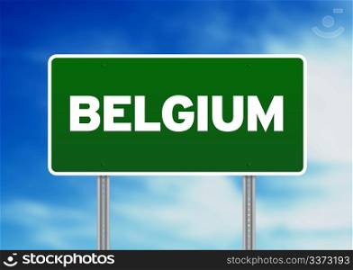 Green Belgium highway sign on Cloud Background.
