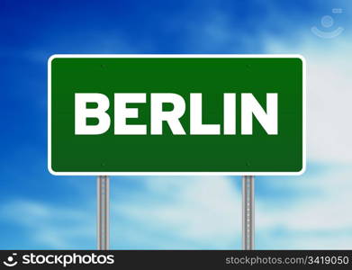 Green Berlin highway sign on Cloud Background.