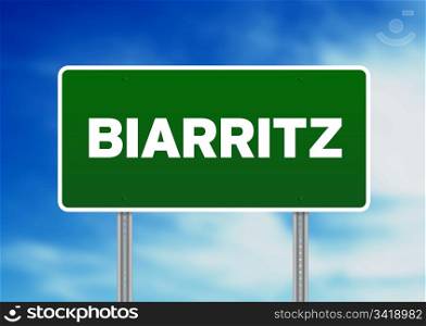 Green Biarritz, France highway sign on Cloud Background.