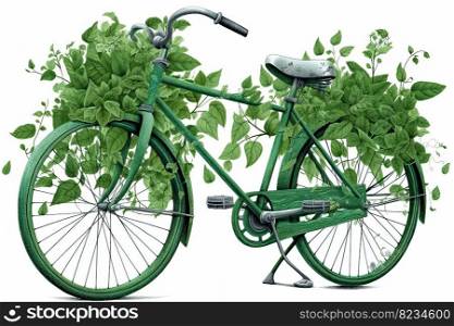 Green bike enveloped by lush leaves, intricately detailed by generative AI