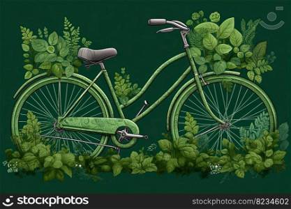 Green bike enveloped by lush leaves, intricately detailed by generative AI