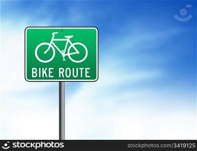 Green Bike Route Road Sign on Cloud Background.