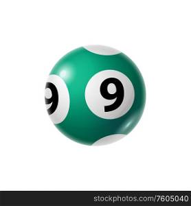 Green bingo ball with number nine isolated 9 sphere. Vector leisure gambling game object. Gambling game ball number 9 isolated vector