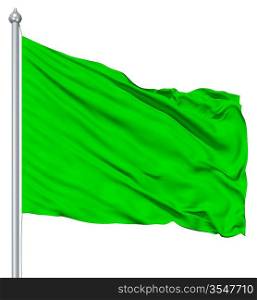 Green blank flag with flagpole waving in the wind against white background