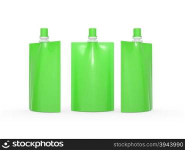 Green blank juice bag packaging with spout lid, clipping path included. Plastic pack mock up for liquid product like fruit juice, milk or jelly, Ready for design and artwork