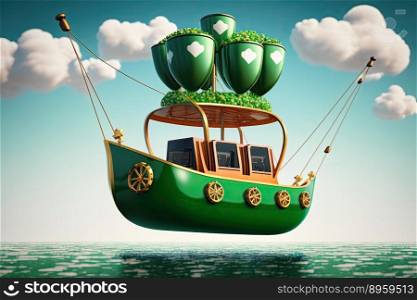 Green boat decorated for St. patricks day , transport illustration. Generative AI