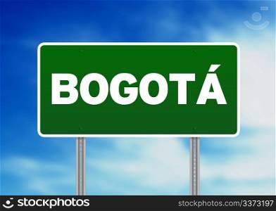 Green BogotA?, Columbia highway sign on Cloud Background.