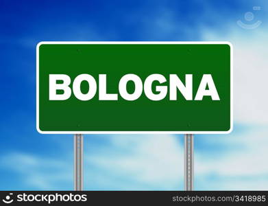 Green Bologna, Italy road sign on Cloud Background.