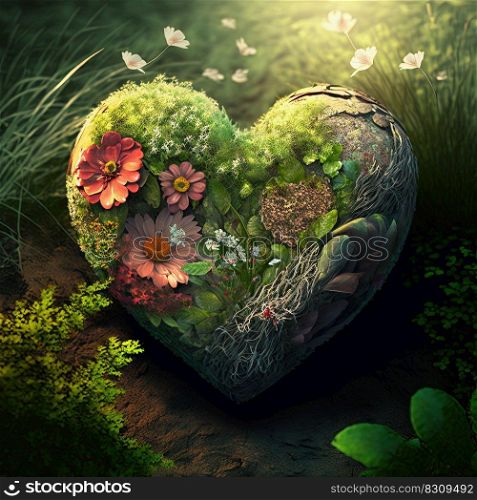 Green botanical heart made of flowers, leaves and plants on grass. Spring, summer, love nature concept AI. Green floral heart on grass. Spring, summer, love nature concept. AI