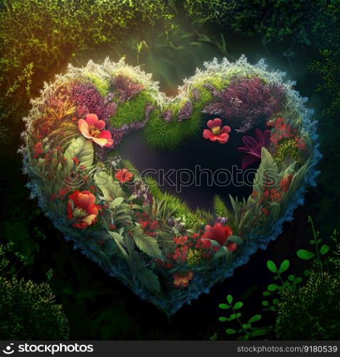 Green botanical heart made of flowers, leaves and plants on grass. Spring, summer, love nature concept AI. Green floral heart on grass. Spring, summer, love nature concept. AI