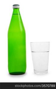 green bottle and glass of water