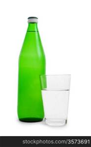 green bottle and glass with water