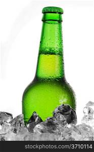 green bottle of beer chilling on ice