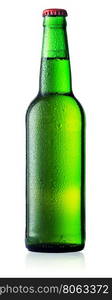 Green bottle of beer with drops isolated on white background. Green bottle of beer with drops