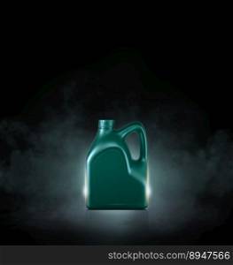 Green bottle of engine oil on black background with smoke