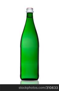 Green bottle of sparkling mineral water on white background