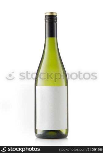 Green bottle of white wine with blank label on white.
