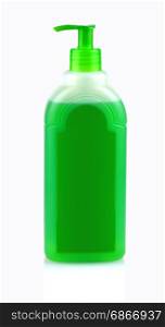 Green bottle with shampoo with dispenser on white background