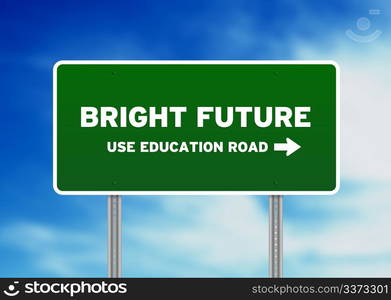 Green Bright Future Highway Sign on Cloud Background.