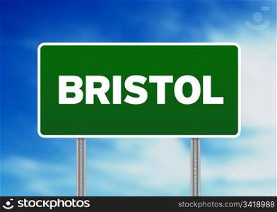 Green Bristol, England highway sign on Cloud Background.