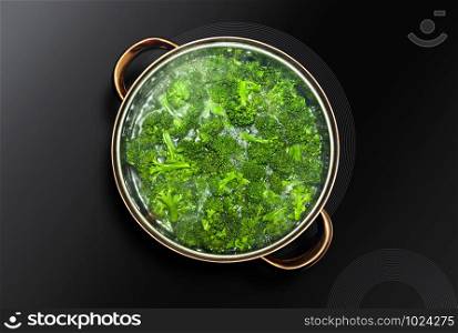 Green broccoli cooked in a saucepan