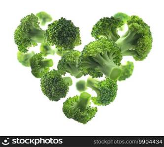 Green broccoli in the shape of a heart on a white background.. Green broccoli in the shape of a heart on a white background