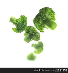 Green broccoli levitating on a white background.. Green broccoli levitating on a white background
