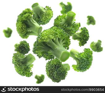 Green broccoli levitating on a white background.. Green broccoli levitating on a white background