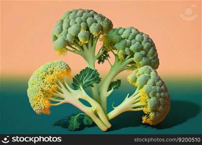 Green broccoli on colorful background. Pop art modern style, Generative AI. Green broccoli on colorful background. Generative AI