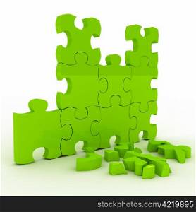 Green brocken puzzle over white background. 3d rendered image