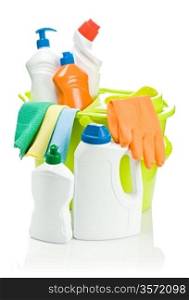 green bucket with cleaning accessories
