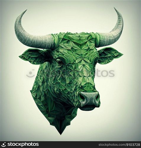 Green bull head on white background. Market, crypto currency or stocks trading, financial and business concept. AI. Green bull head on white background. Market, crypto currency or stocks trading concept. AI