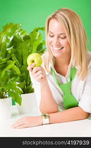 Green business office woman smiling hold apple plant environment friendly