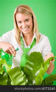 Green business woman water houseplant environment friendly smile