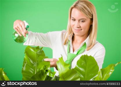 Green business woman water houseplant environment friendly smile