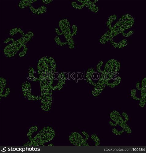 Green Cactus Seamless Pattern on Black Background